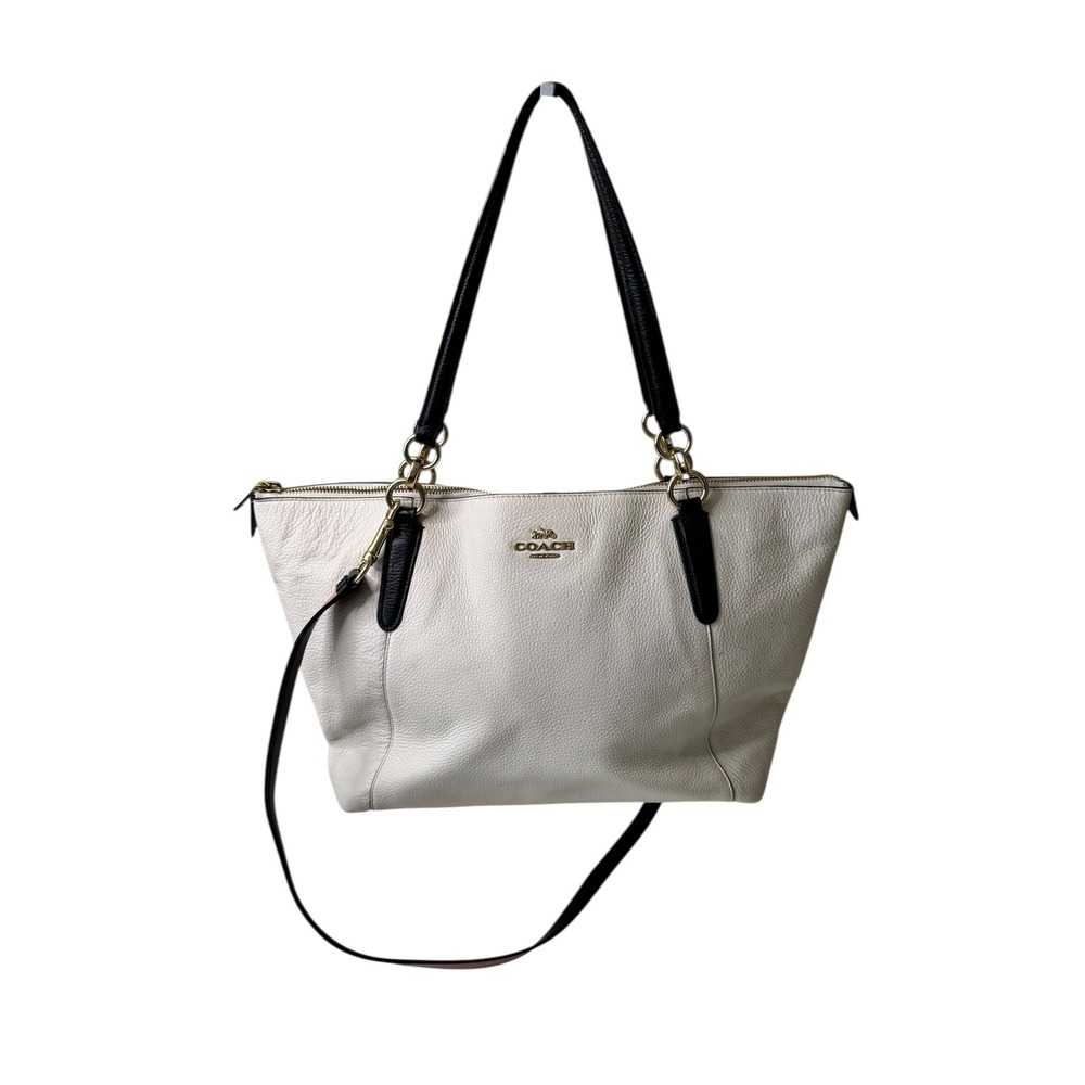 Coach Pebbled‎ Leather Tote Cream Blue Gold Hardware Shoulder Bag F73718